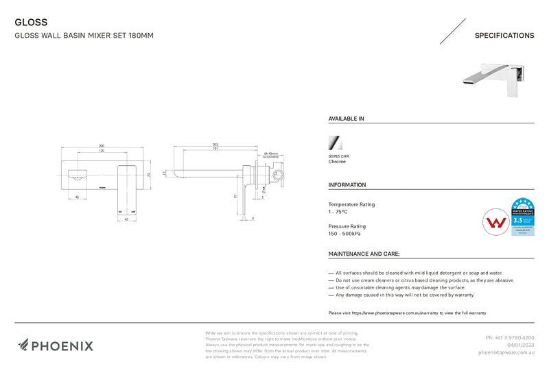 PHOENIX GLOSS WALL BASIN MIXER SET 180MM CHROME
