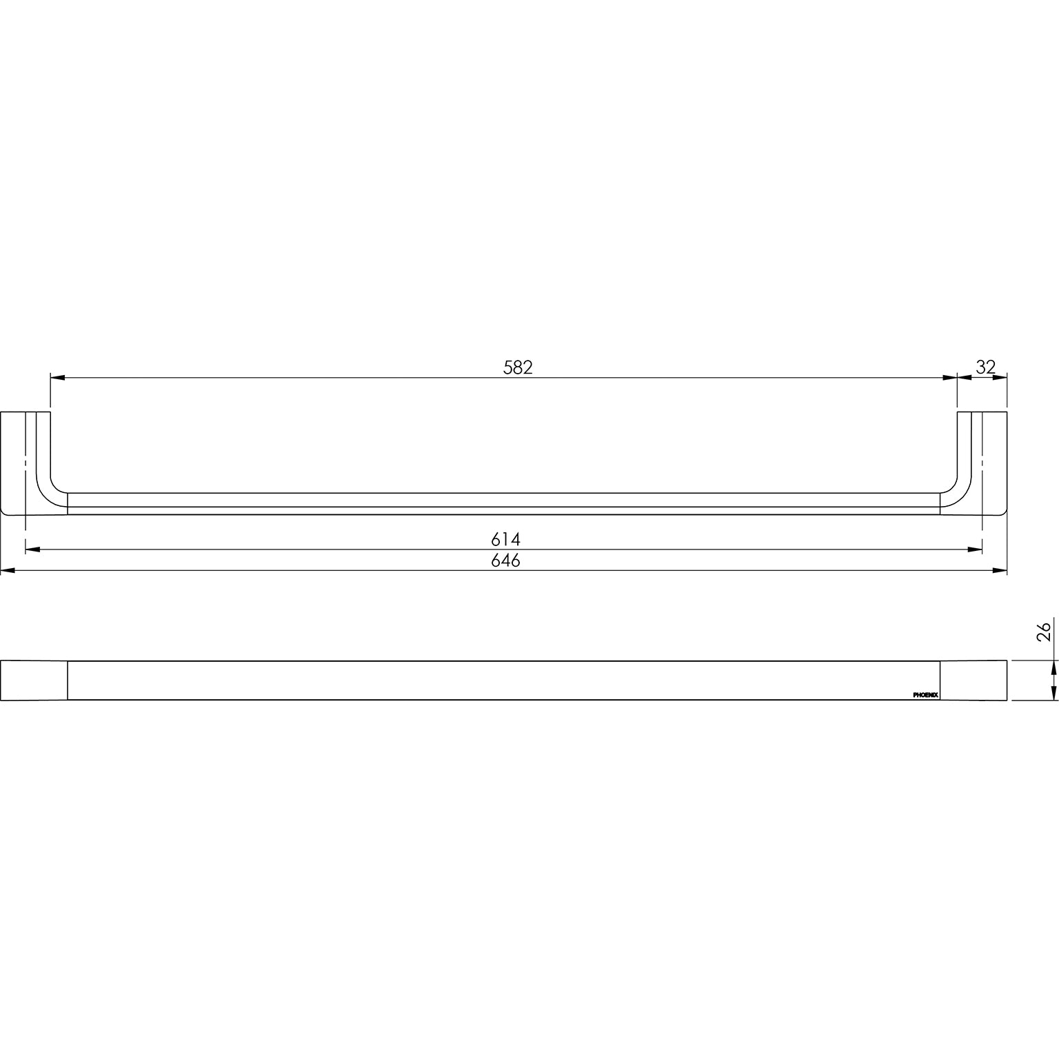 PHOENIX GLOSS SINGLE NON-HEATED TOWEL RAIL MATTE BLACK 600MM