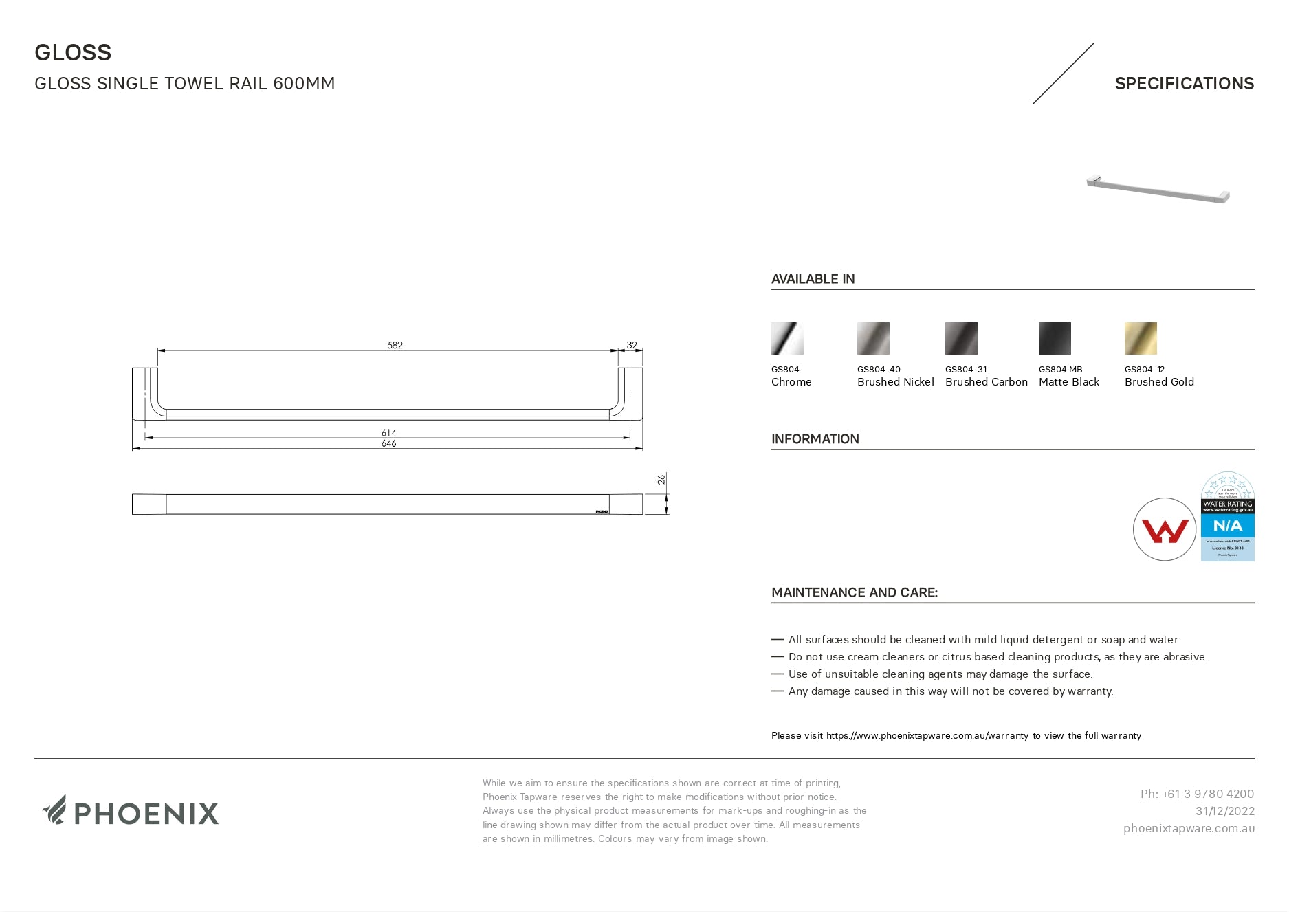 PHOENIX GLOSS SINGLE NON-HEATED TOWEL RAIL CHROME 600MM