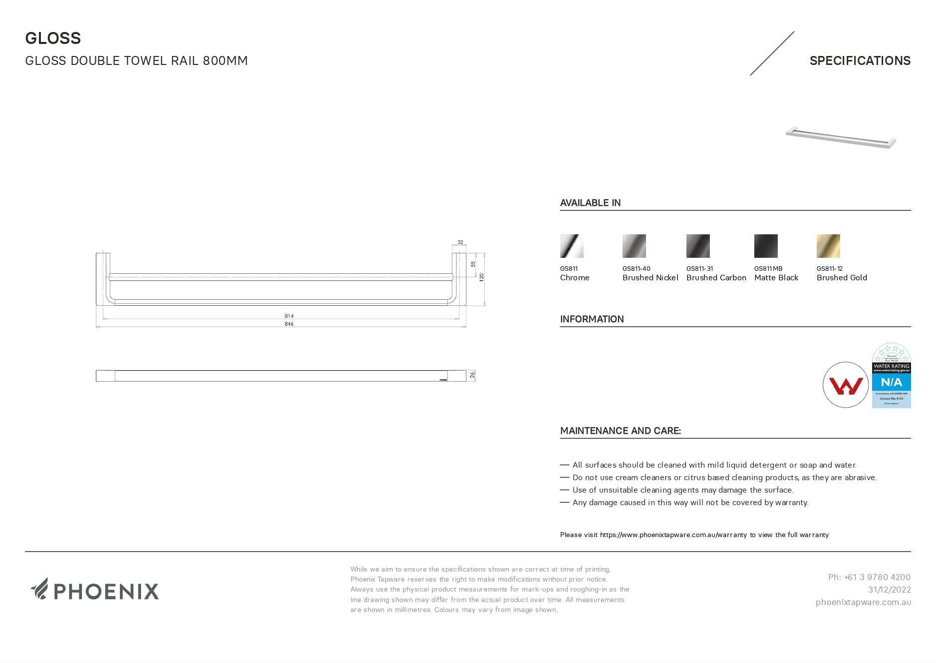 PHOENIX GLOSS DOUBLE NON-HEATED TOWEL RAIL CHROME 800MM