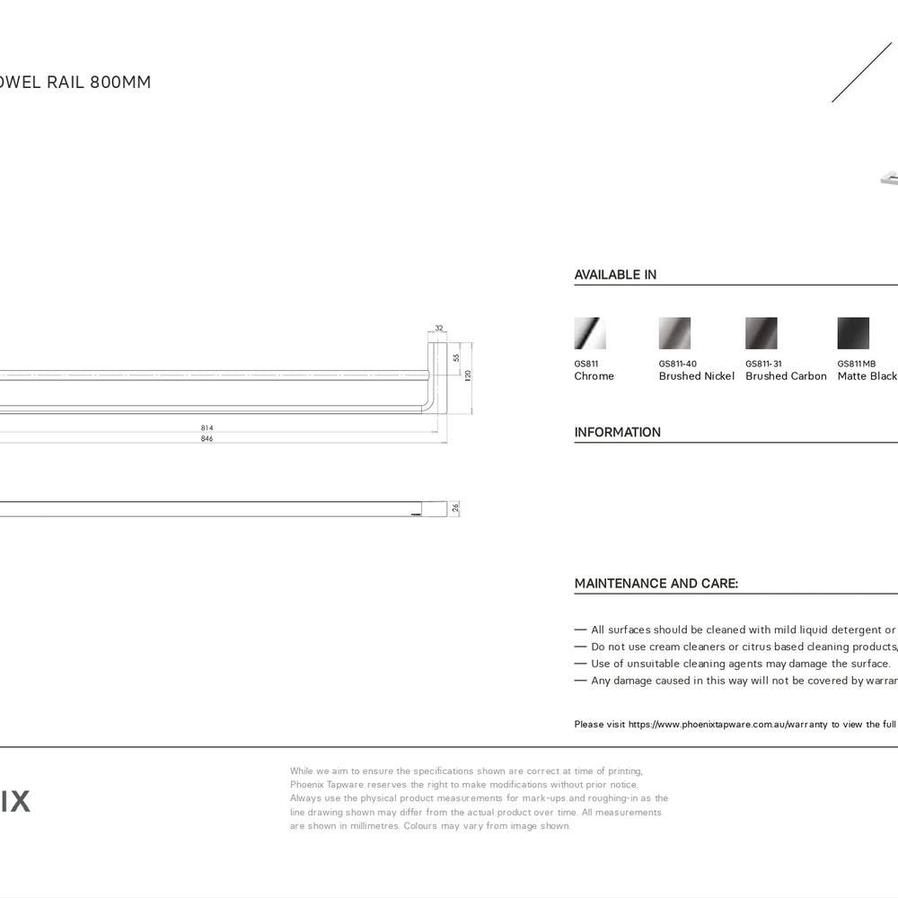 PHOENIX GLOSS DOUBLE NON-HEATED TOWEL RAIL BRUSHED NICKEL 800MM
