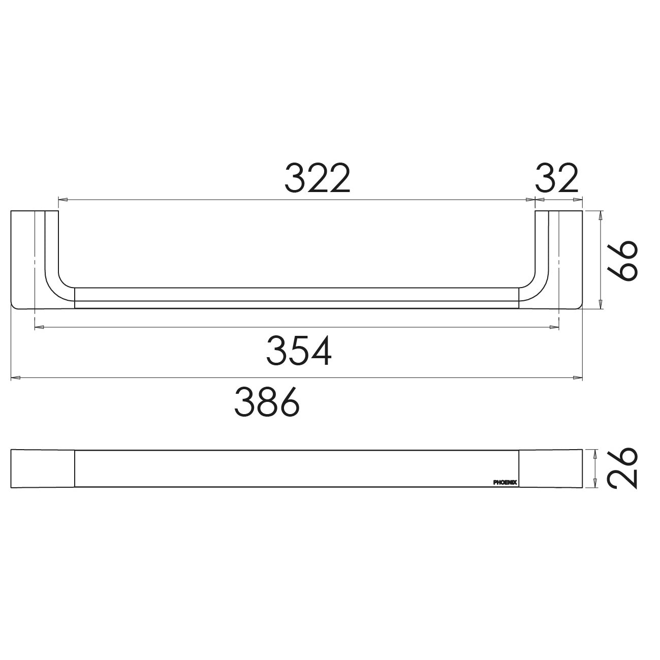 PHOENIX GLOSS NON-HEATED HAND TOWEL RAIL MATTE BLACK 350MM