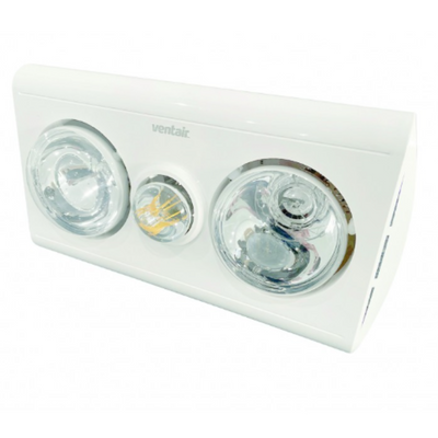 VENTAIR KLEIN 2 3IN1 BATHROOM UNIT WITH 2 HEAT LAMPS, CENTRE LED GLOBE, AND SIDE DUCTED WITH DRAFT STOPPER WHITE