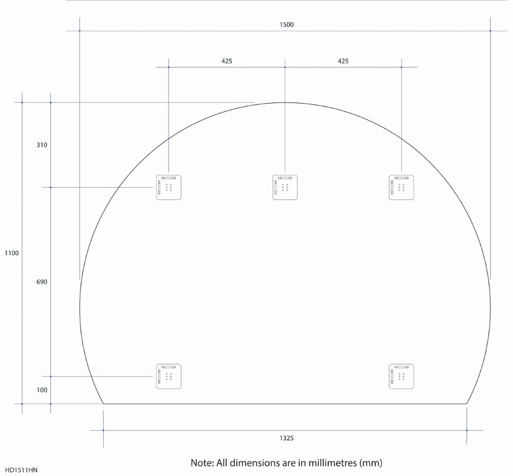 THERMOGROUP ABLAZE FRAMELESS D-SHAPE NON LED MIRROR WITH DEMISTER 1500X1100MM