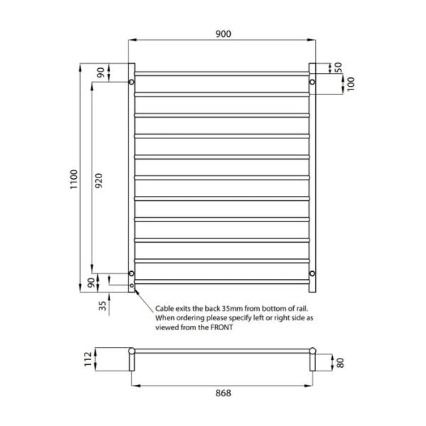 RADIANT HEATING 11-BARS ROUND HEATED TOWEL RAIL CHROME 180WATTS 900MM