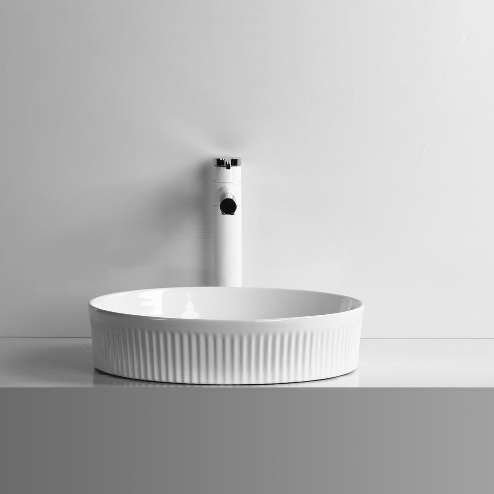 INFINITY ABOVE COUNTER ROUND GLOSS WHITE CERAMIC BASIN 405MM