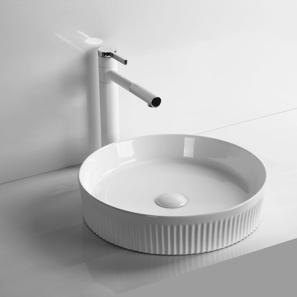 INFINITY ABOVE COUNTER ROUND GLOSS WHITE CERAMIC BASIN 405MM