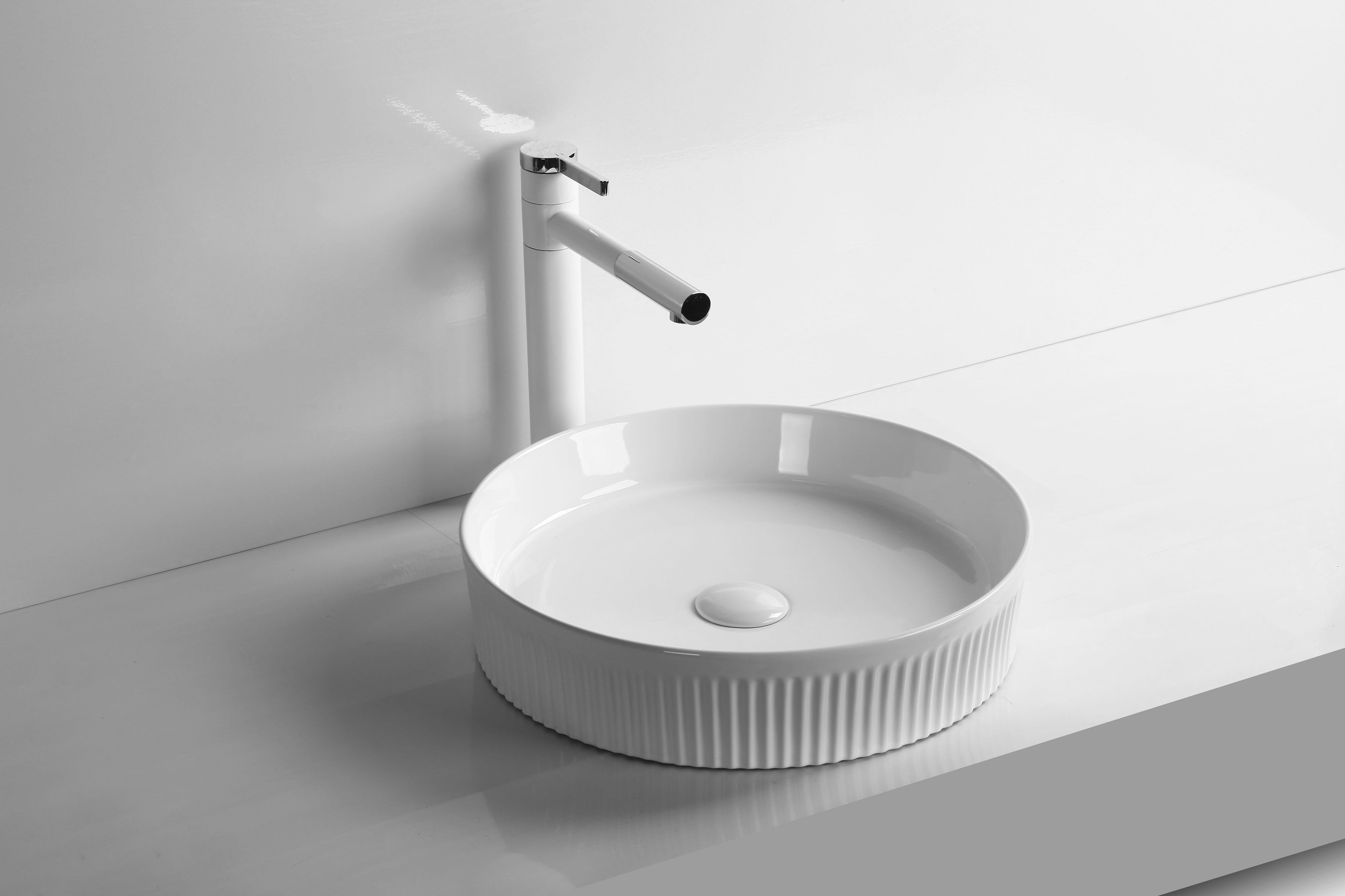 INFINITY ABOVE COUNTER ROUND GLOSS WHITE CERAMIC BASIN 405MM