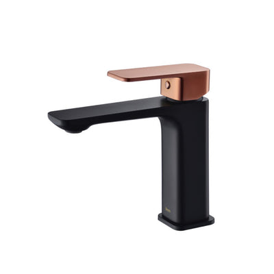IKON SETO LEAD FREE BASIN MIXER 168MM MATTE BLACK AND ROSE GOLD