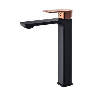 IKON SETO LEAD FREE HIGH RISE BASIN MIXER 287MM MATTE BLACK AND ROSE GOLD