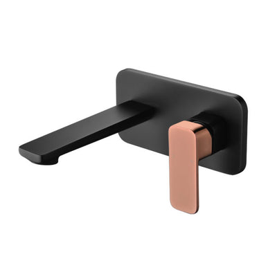 IKON SETO LEAD FREE WALL BASIN MIXER 200MM MATTE BLACK AND ROSE GOLD