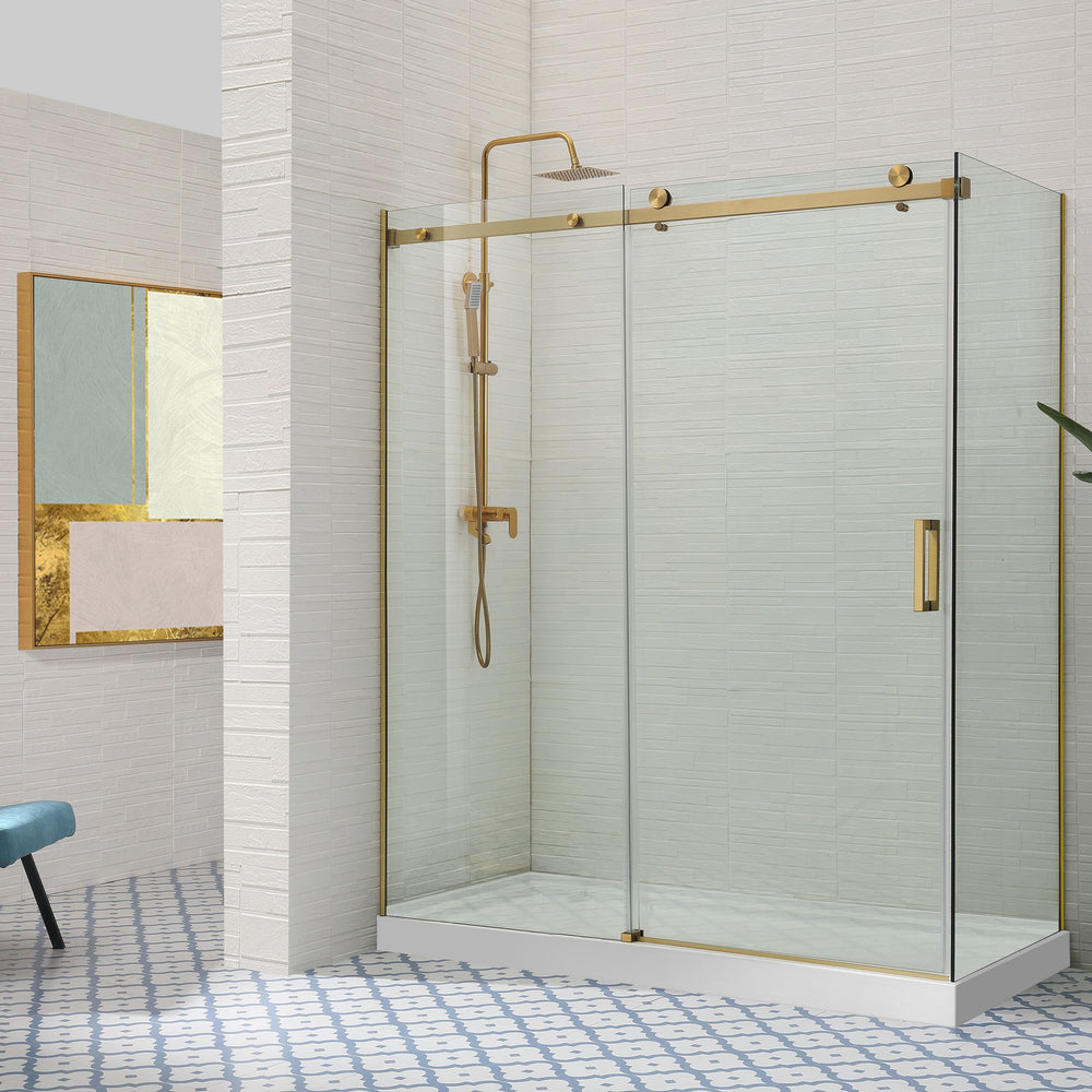 COVEY WALL TO WALL FRAMELESS SINGLE SLIDING DOOR SHOWER SCREEN BRUSHED GOLD