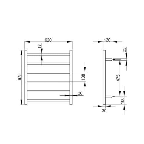 INSPIRE HEATED TOWEL RAIL 6 BARS SQUARE CHROME 680MM