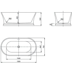 ATTICA HAMPTON FREESTANDING BATHTUB WITH OVERFLOW GLOSS WHITE 1500MM
