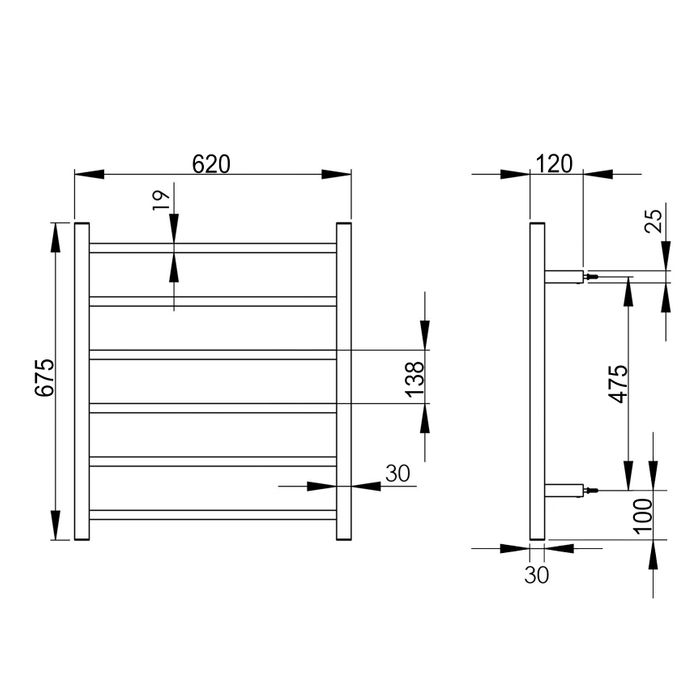 INSPIRE HEATED TOWEL RAIL 6 BAR SQUARE GUN METAL 680MM