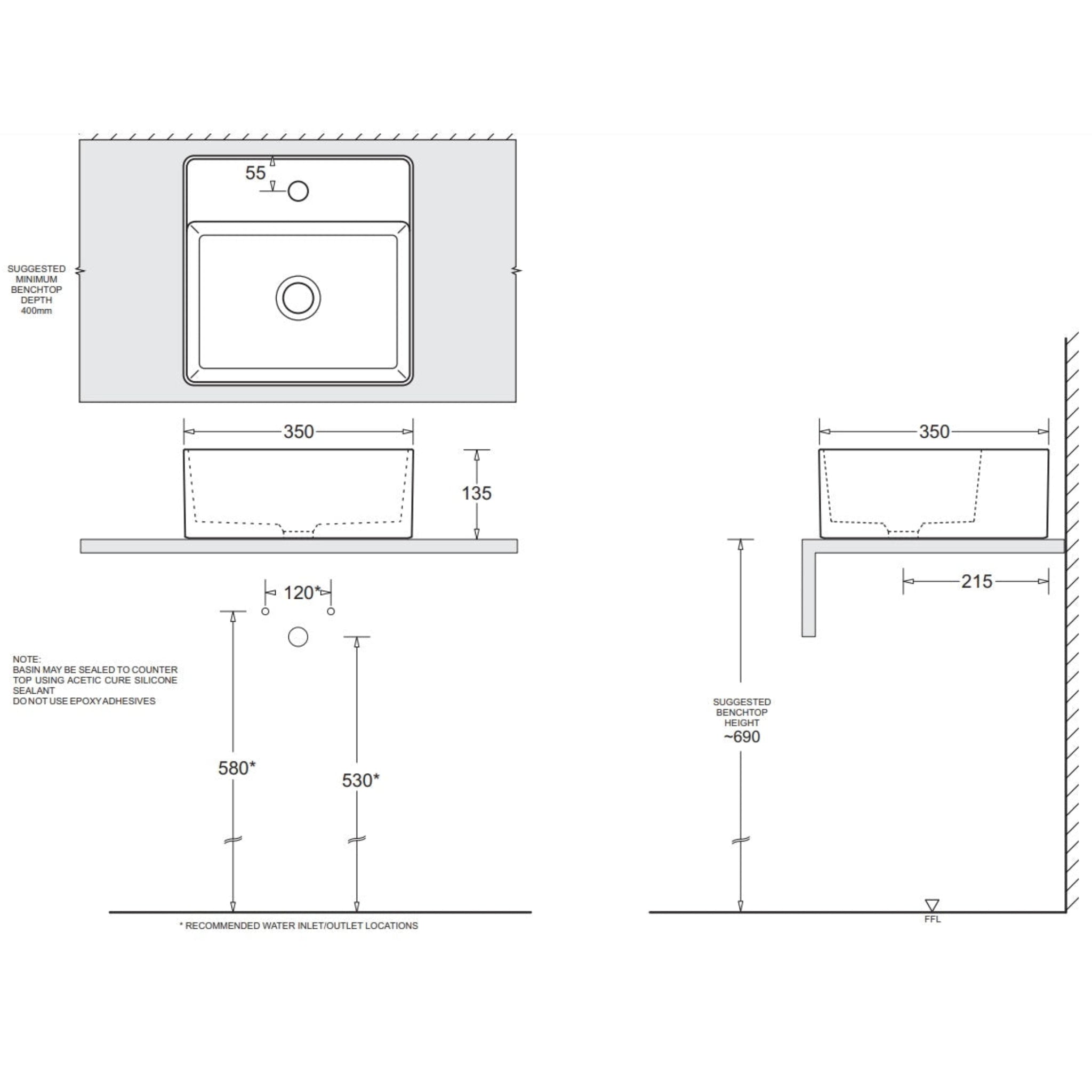 JOHNSON SUISSE VENEZIA SQUARE 1TH COUNTER TOP BASINS WHITE 350MM