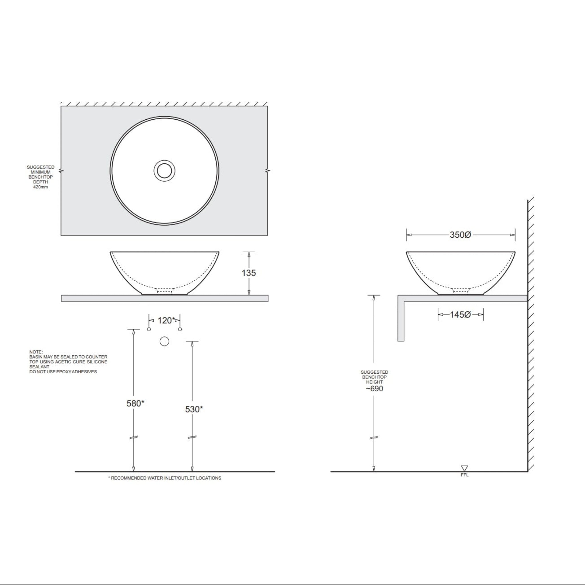 JOHNSON SUISSE VENEZIA ROUND BOWL COUNTER TOP BASINS WHITE 350MM