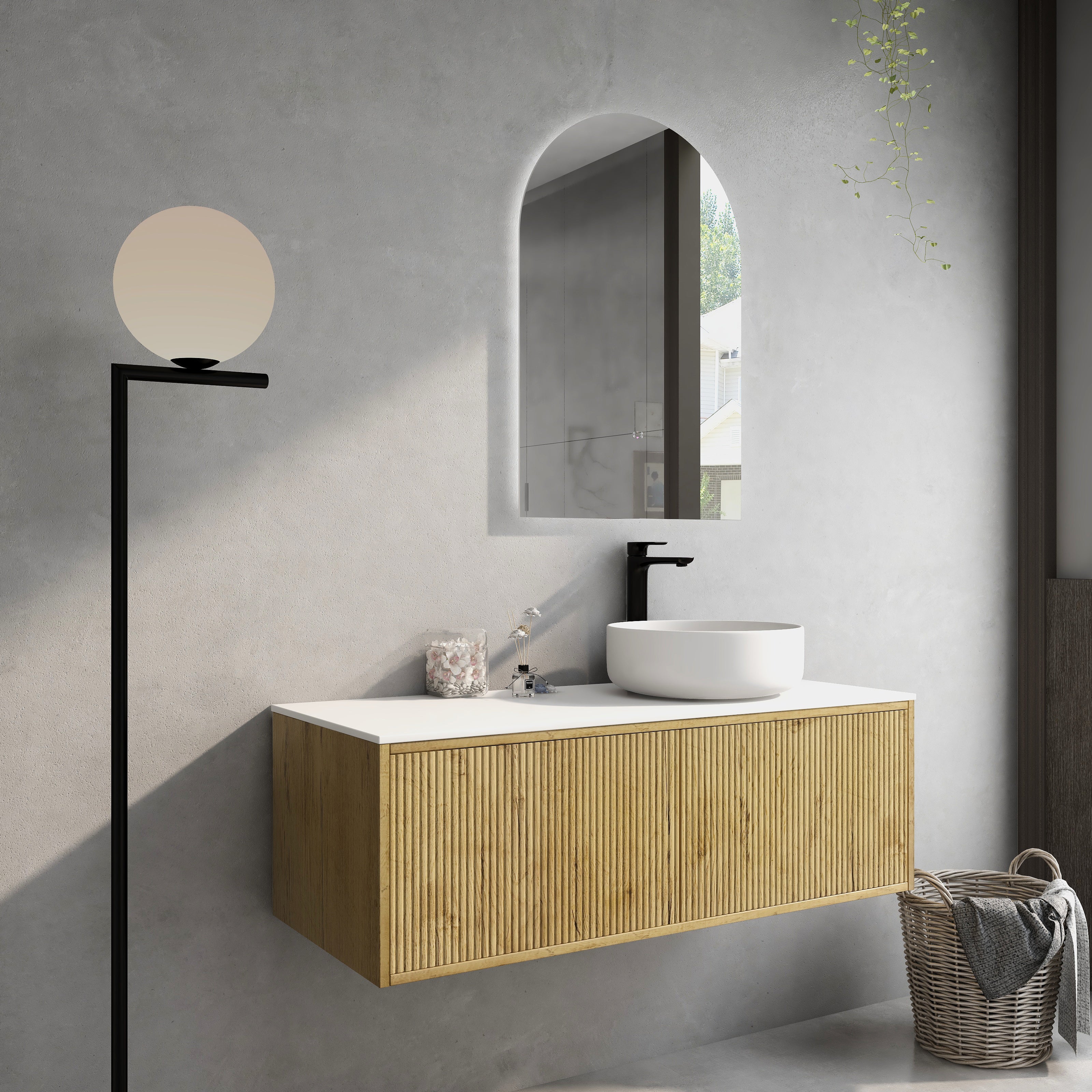 CETO BELLEVUE PRIME OAK 1200MM SINGLE BOWL WALL HUNG VANITY AVAILABLE IN LEFT AND RIGHT HAND DRAWER