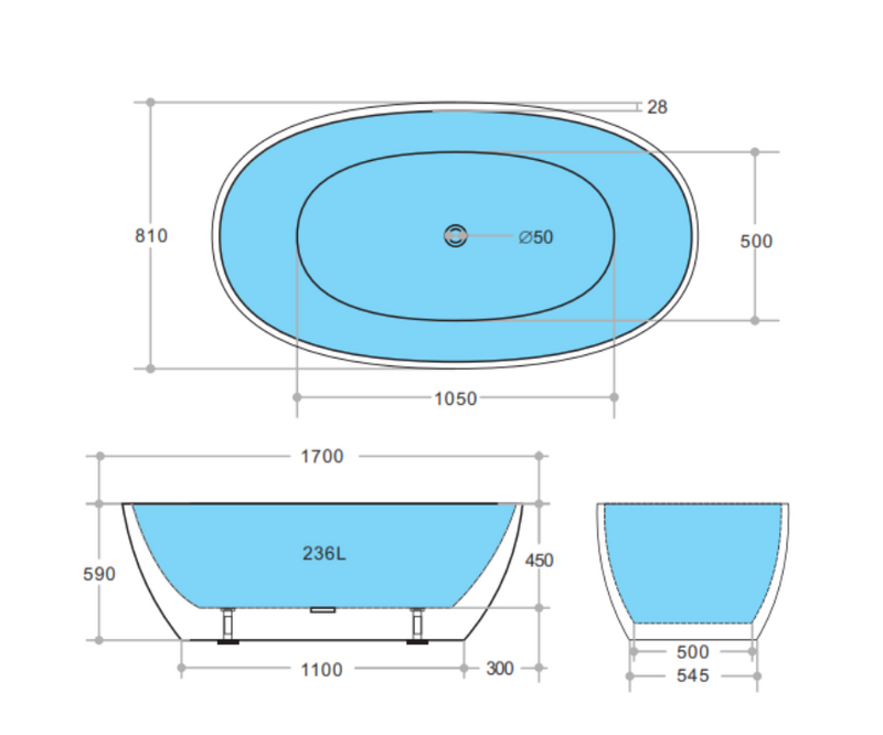 POSEIDON STELLA FREE STANDING BATHTUB GLOSS WHITE (AVAILABLE IN 1500MM AND 1700MM)