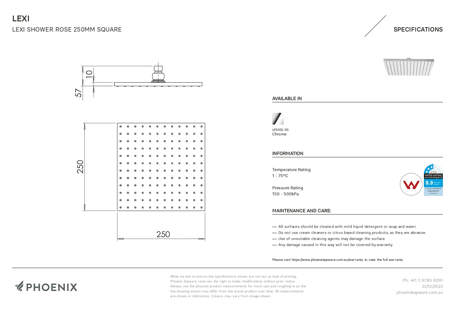 PHOENIX LEXI SHOWER ROSE SQUARE 250MM STAINLESS STEEL