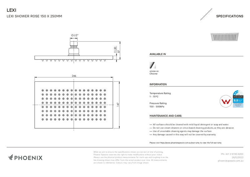 PHOENIX LEXI SHOWER ROSE CHROME 150MM X 250MM