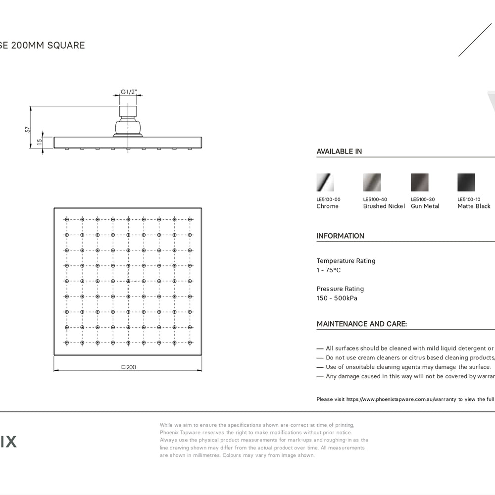 PHOENIX LEXI SHOWER ROSE SQUARE 200MM MATTE BLACK