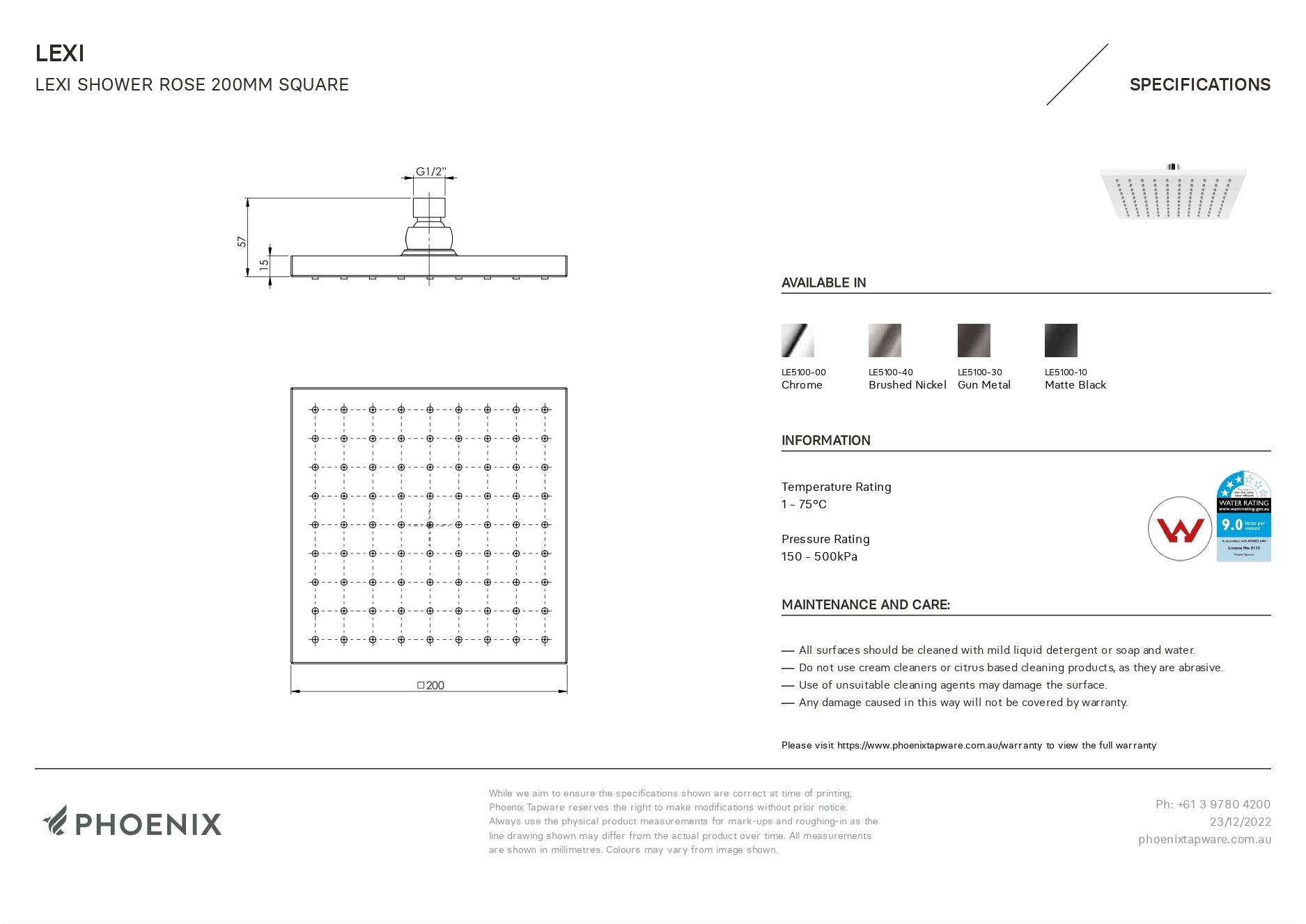 PHOENIX LEXI SHOWER ROSE SQUARE MATTE BLACK 200MM