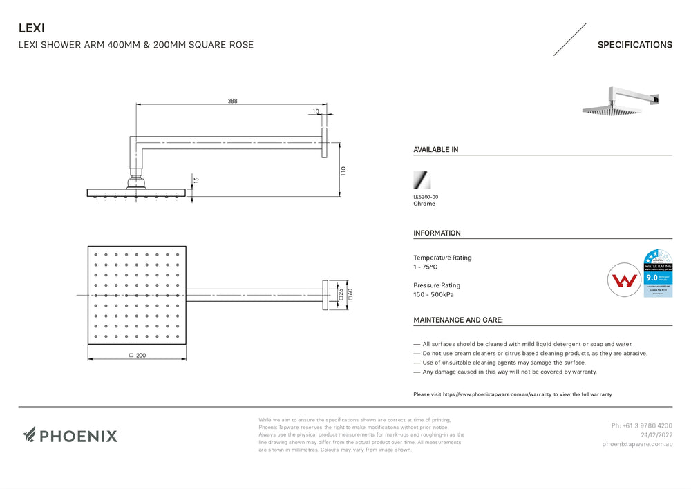 PHOENIX LEXI SHOWER ARM SQUARE ROSE 200MM CHROME