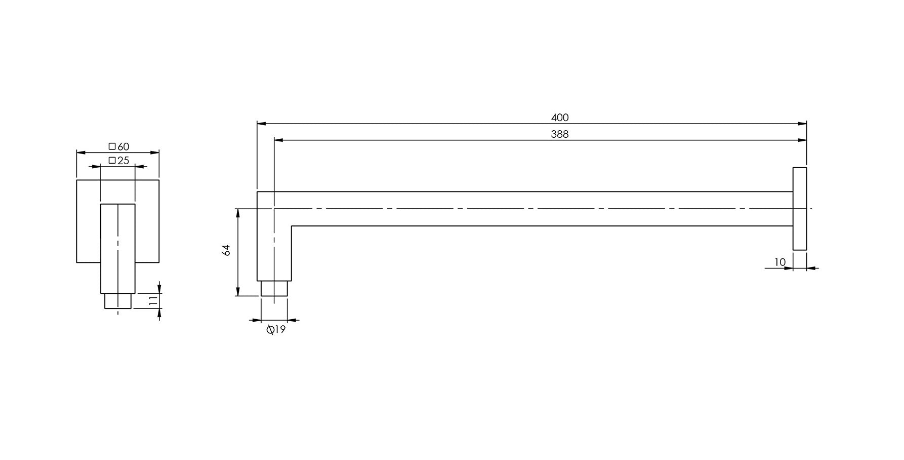 PHOENIX LEXI SHOWER ARM SQUARE MATTE BLACK 400MM