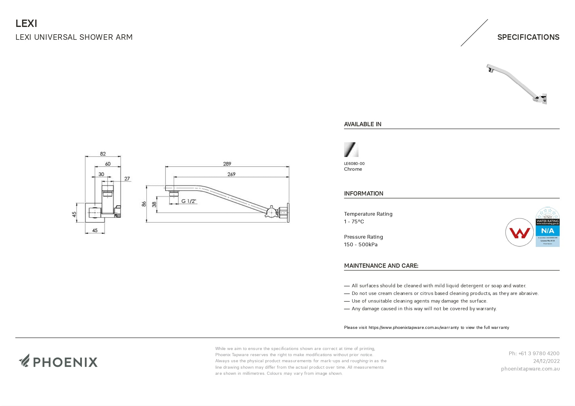 PHOENIX LEXI UNIVERSAL SHOWER ARM 289MM CHROME