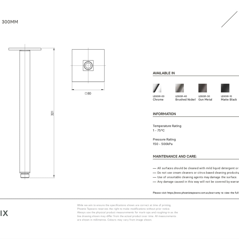 PHOENIX LEXI CEILING ARM 321MM BRUSHED NICKEL
