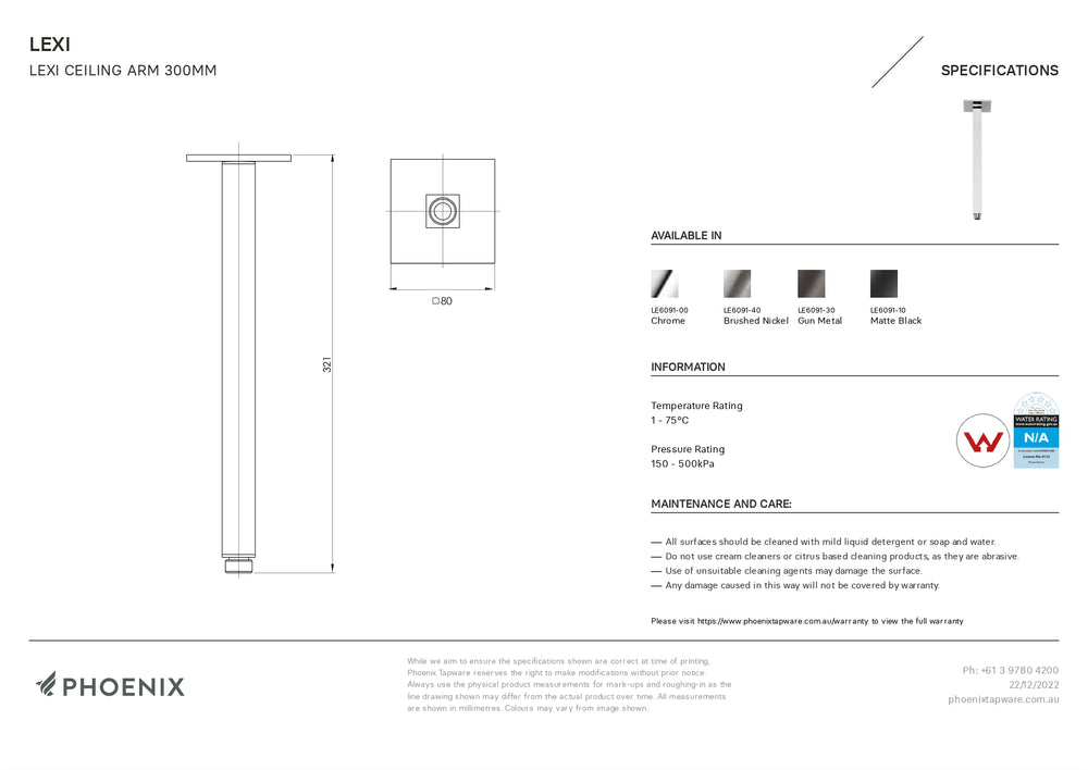 PHOENIX LEXI CEILING ARM 300MM CHROME