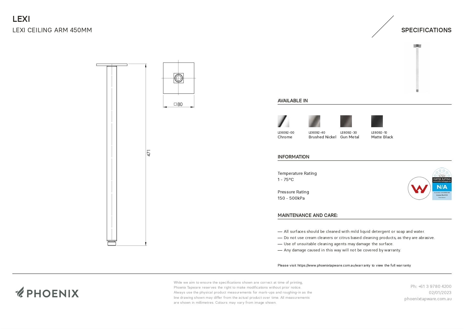 PHOENIX LEXI CEILING ARM BRUSHED NICKEL 450MM