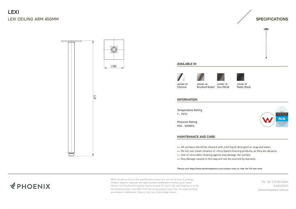 PHOENIX LEXI CEILING ARM 450MM CHROME