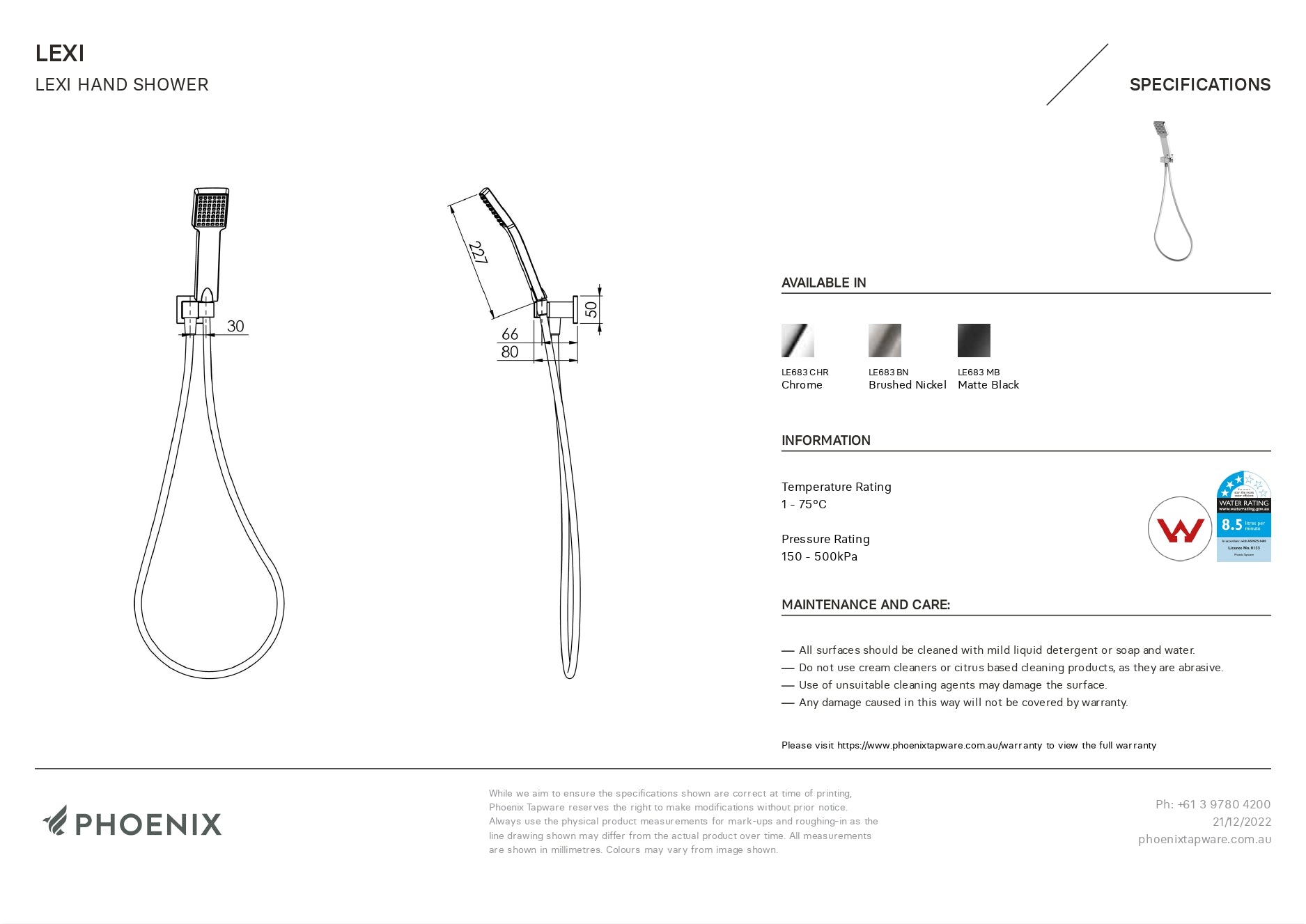 PHOENIX LEXI HAND SHOWER CHROME