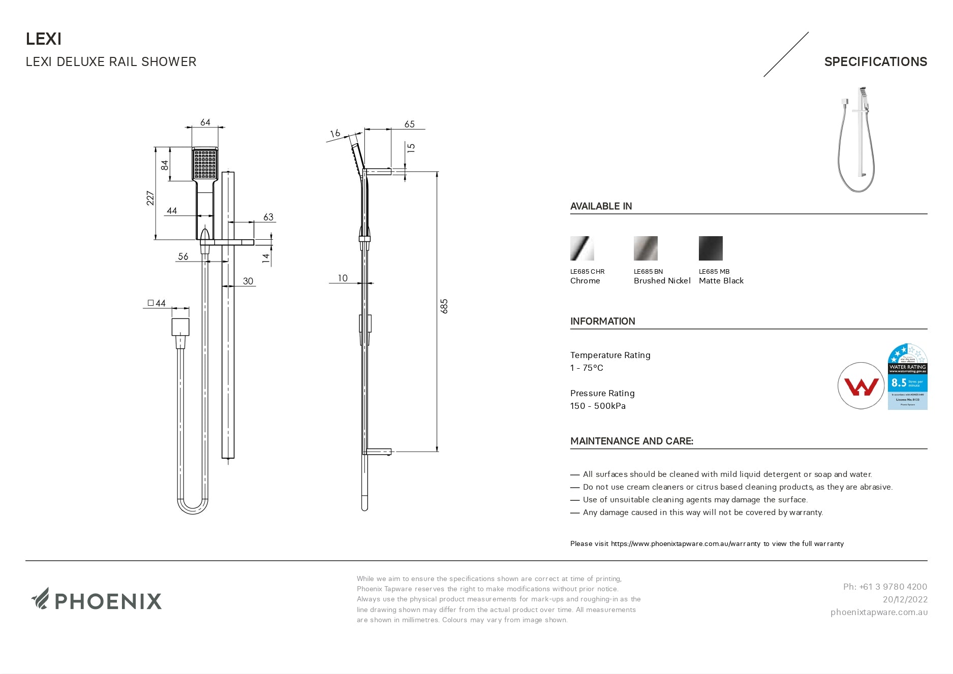 PHOENIX LEXI DELUXE RAIL SHOWER MATTE BLACK