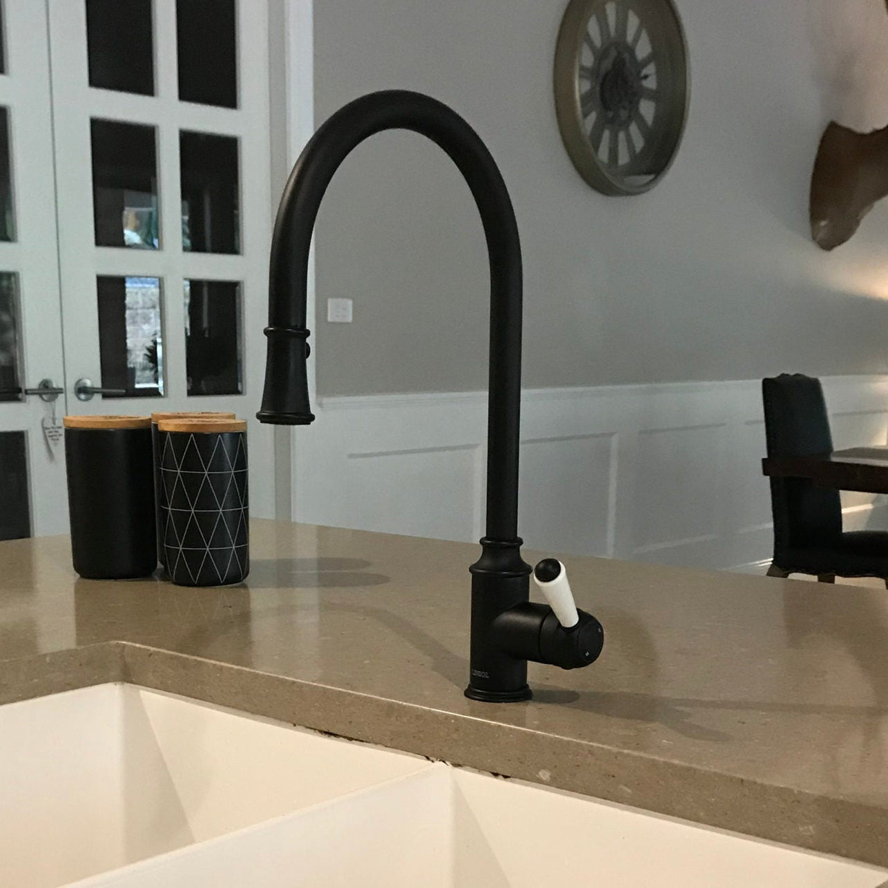 LINSOL TOMMY PULL DOWN SINK MIXER 430MM MATTE BLACK AND WHITE