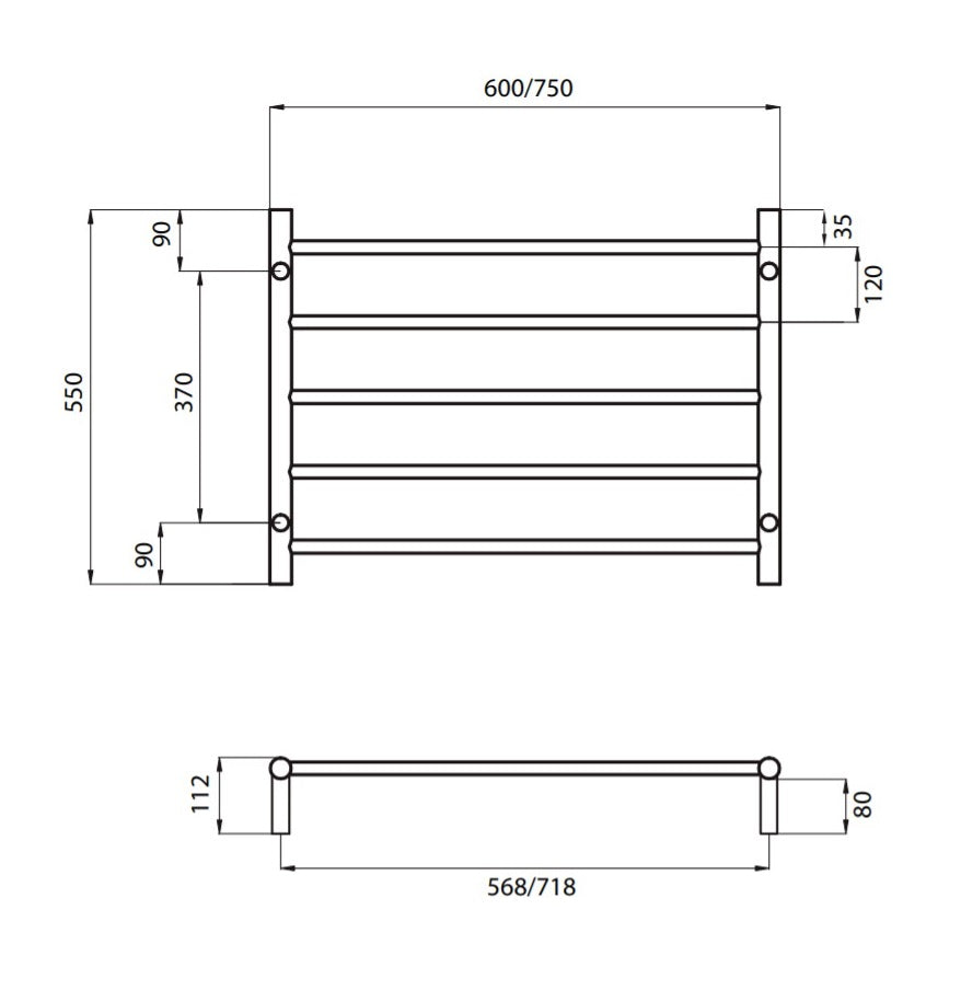 RADIANT HEATING 5-BARS ROUND NON-HEATED TOWEL RAIL CHROME 600MM