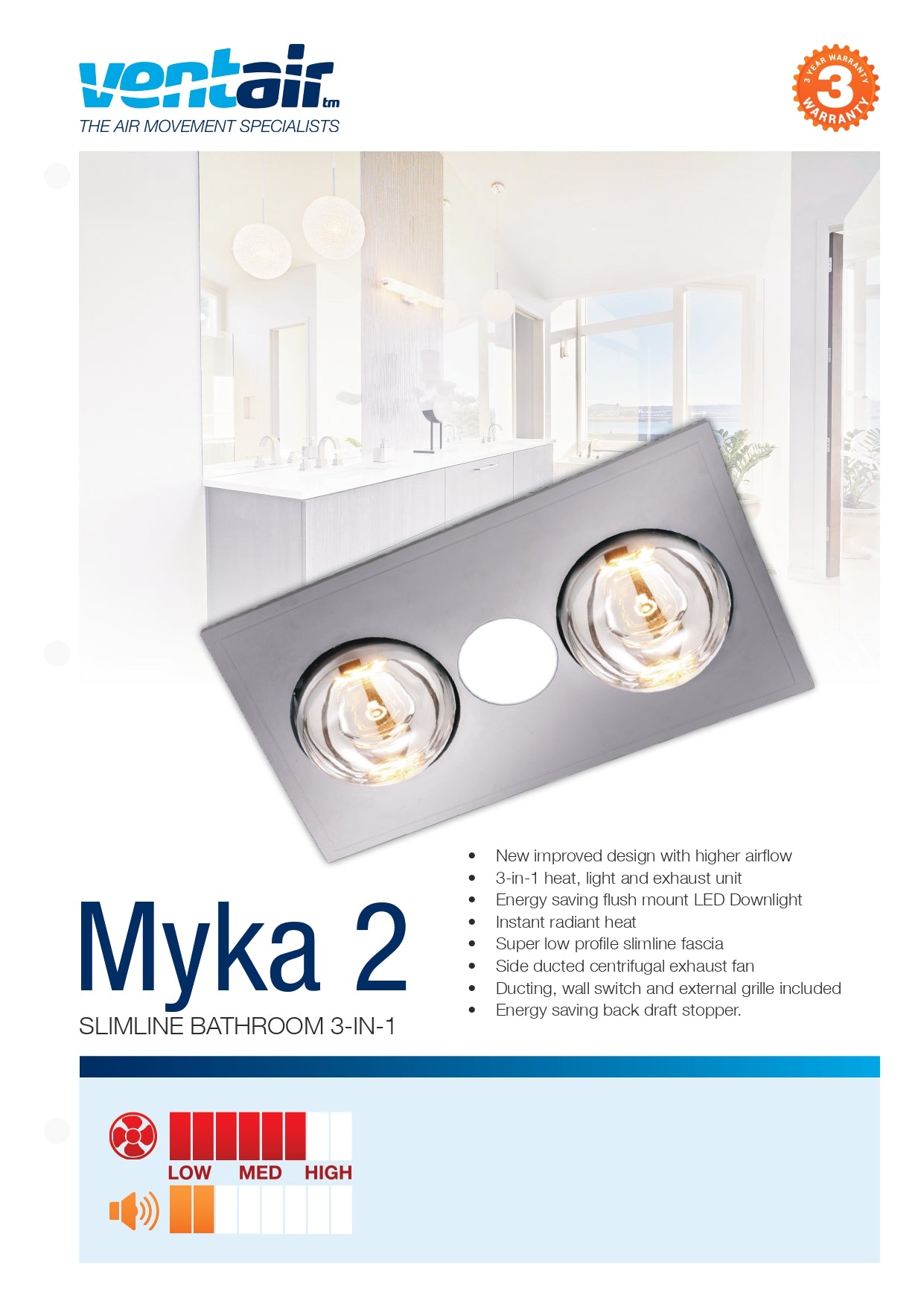 VENTAIR MYKA 2 SLIMLINE 3 IN1 WITH 2 HEAT LAMPS, LED DOWNLIGHT AND SIDE DUCTED EXHAUST SILVER