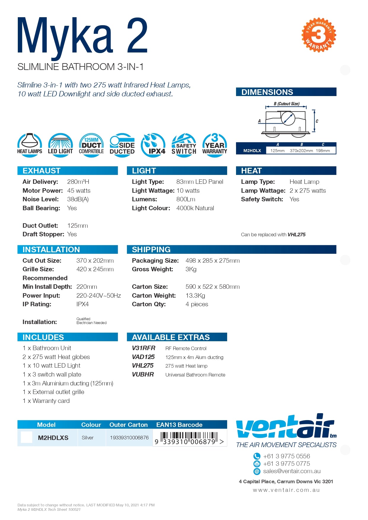 VENTAIR MYKA 2 SLIMLINE 3 IN1 WITH 2 HEAT LAMPS, LED DOWNLIGHT AND SIDE DUCTED EXHAUST SILVER