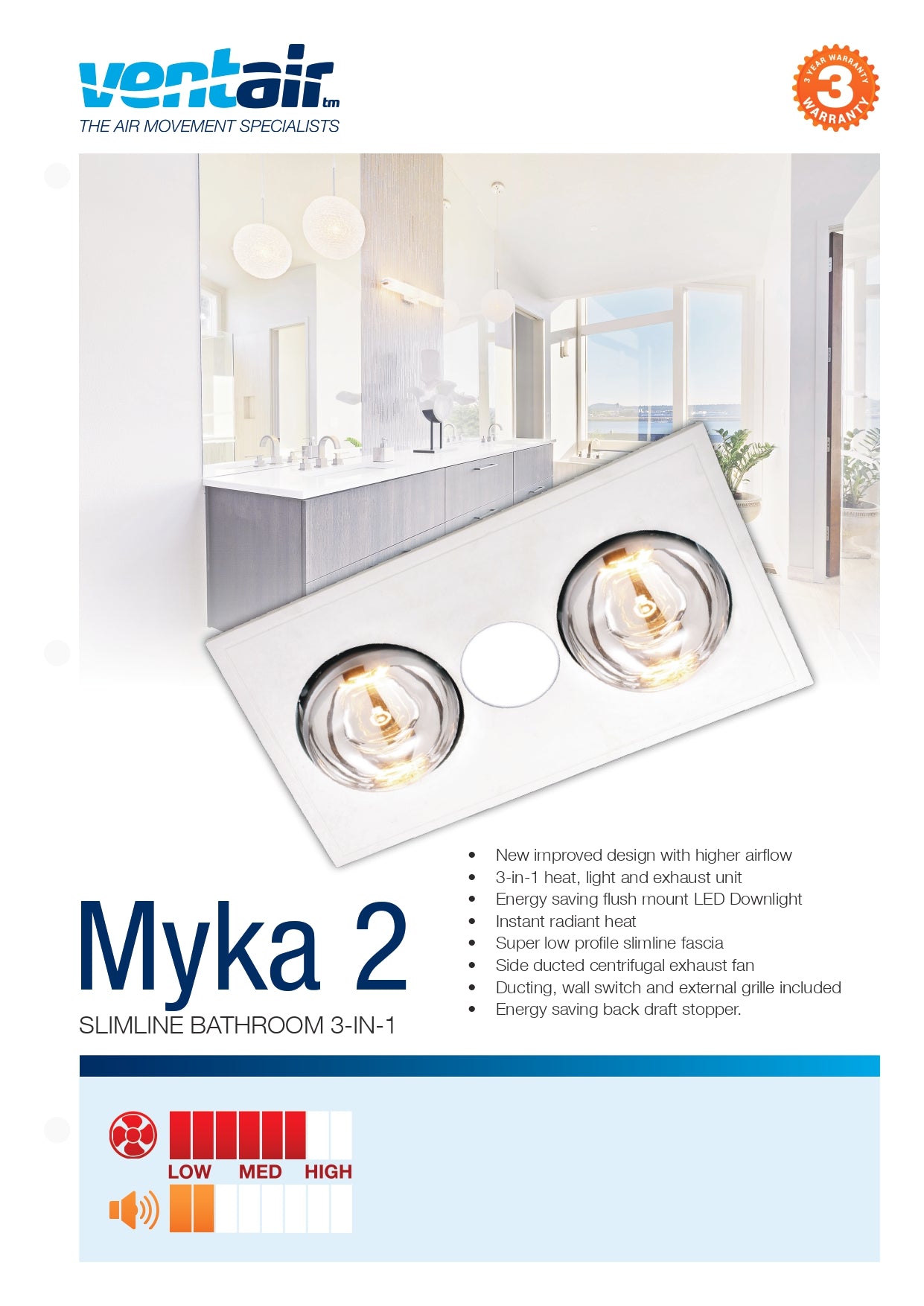 VENTAIR MYKA 2 SLIMLINE 3 IN 1 WITH 2 HEAT LAMPS LED DOWNLIGHT AND SIDE DUCTED EXHAUST WHITE