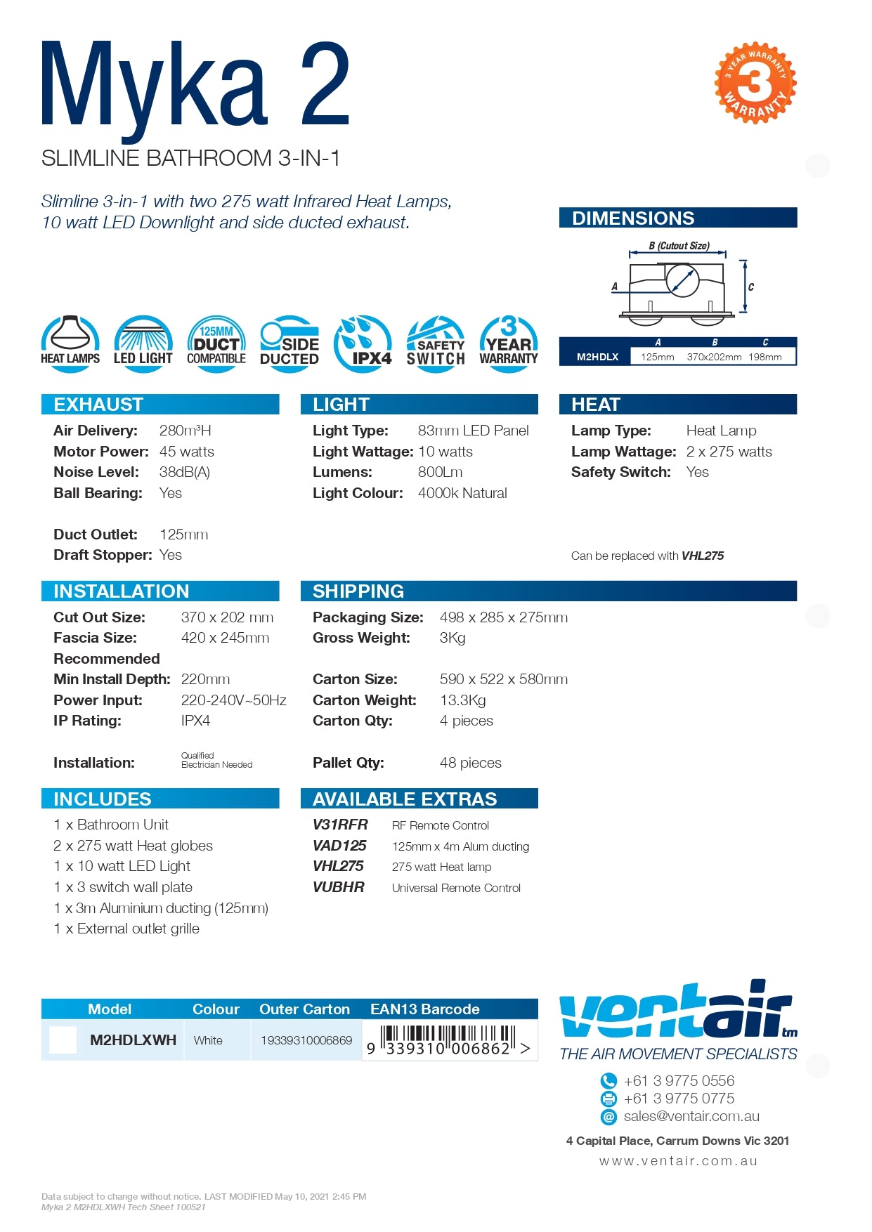 VENTAIR MYKA 2 SLIMLINE 3 IN 1 WITH 2 HEAT LAMPS, LED DOWNLIGHT AND SIDE DUCTED EXHAUST WHITE