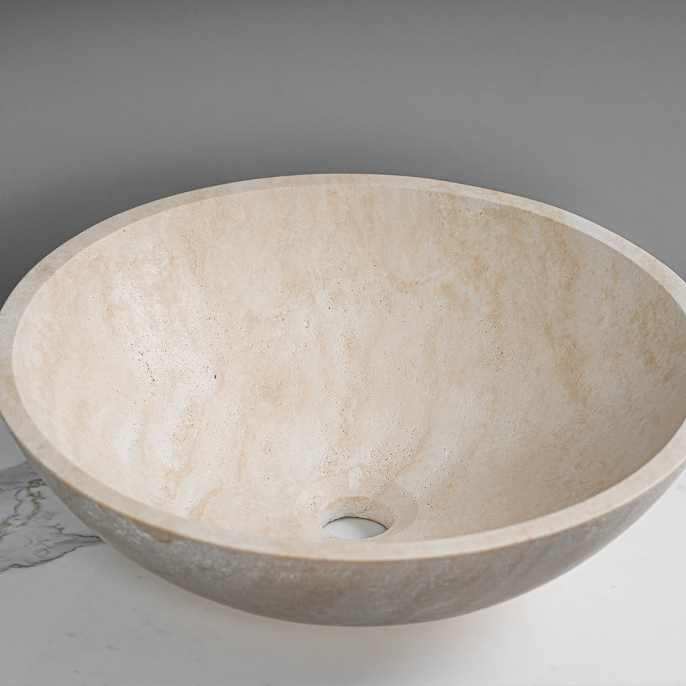 GALLARIA CETTI ROUND ABOVE COUNTER STONE BASIN ULTRA WHITE TRAVERTINE 430MM