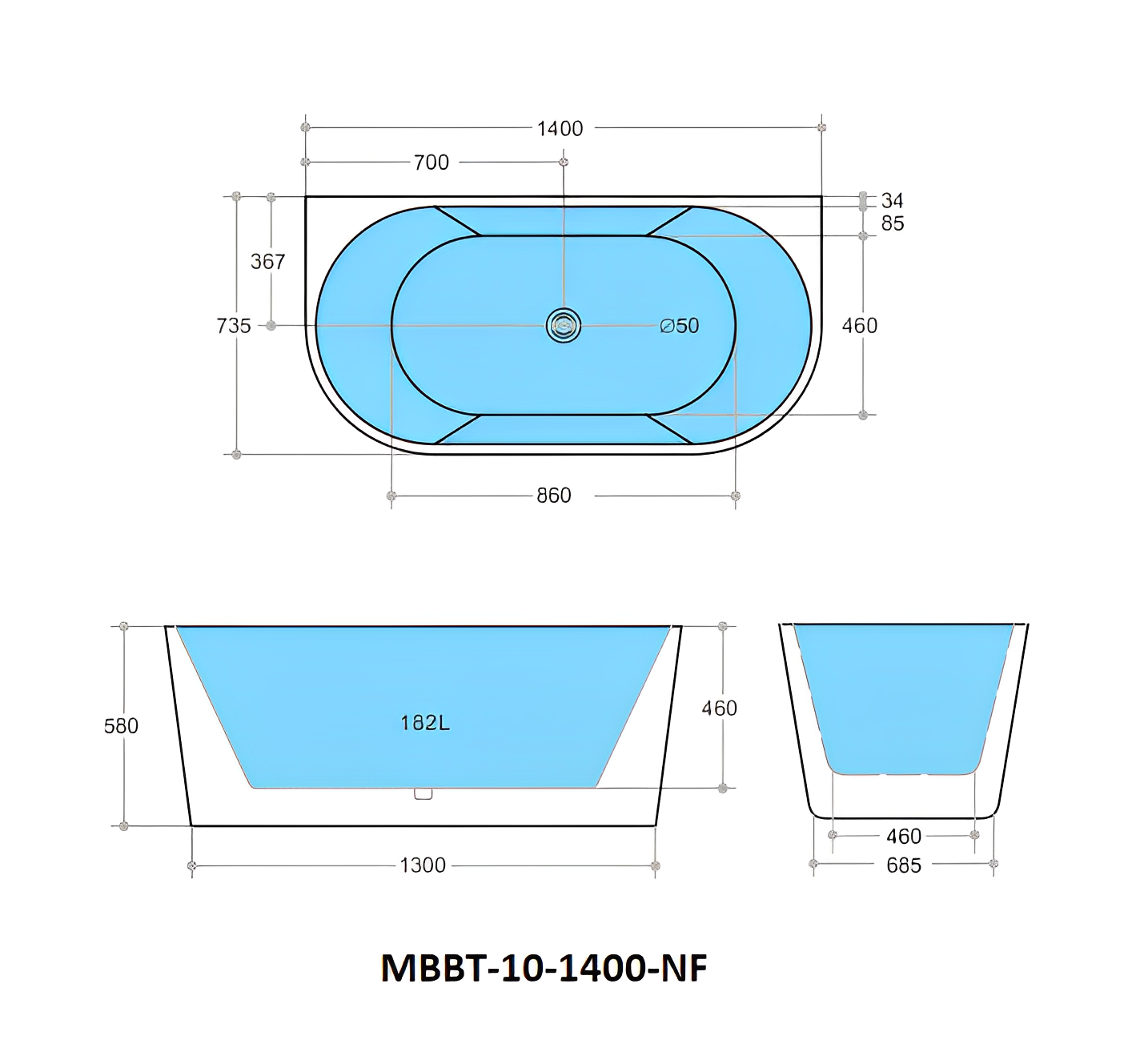 POSEIDON ELIVIA BACK TO WALL BATHTUB MATTE BLACK AND MATTE WHITE (AVAILABLE IN 1400MM, 1500MM AND 1700MM)