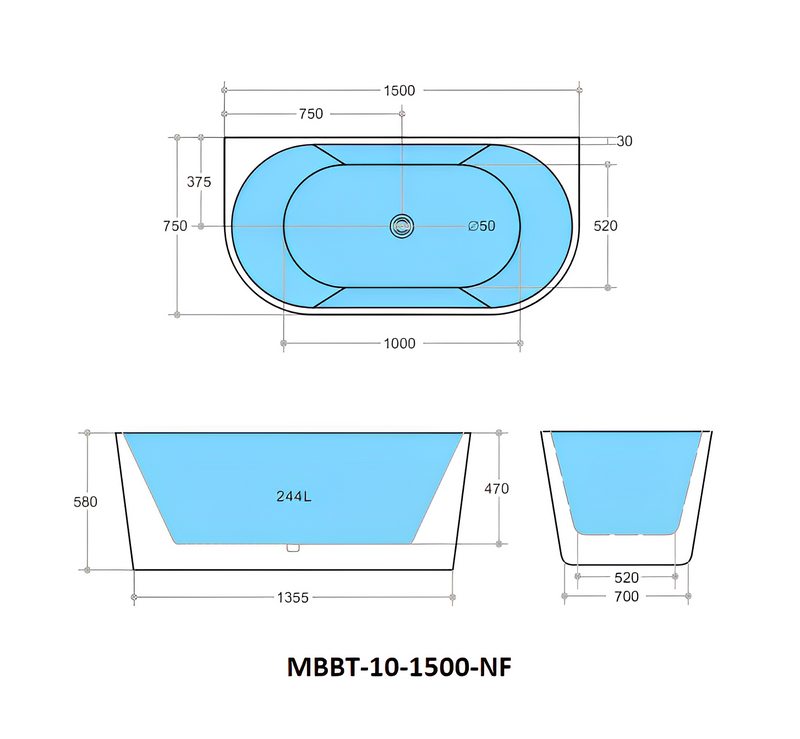 POSEIDON ELIVIA BACK TO WALL BATHTUB MATTE BLACK AND MATTE WHITE (AVAILABLE IN 1400MM, 1500MM AND 1700MM)