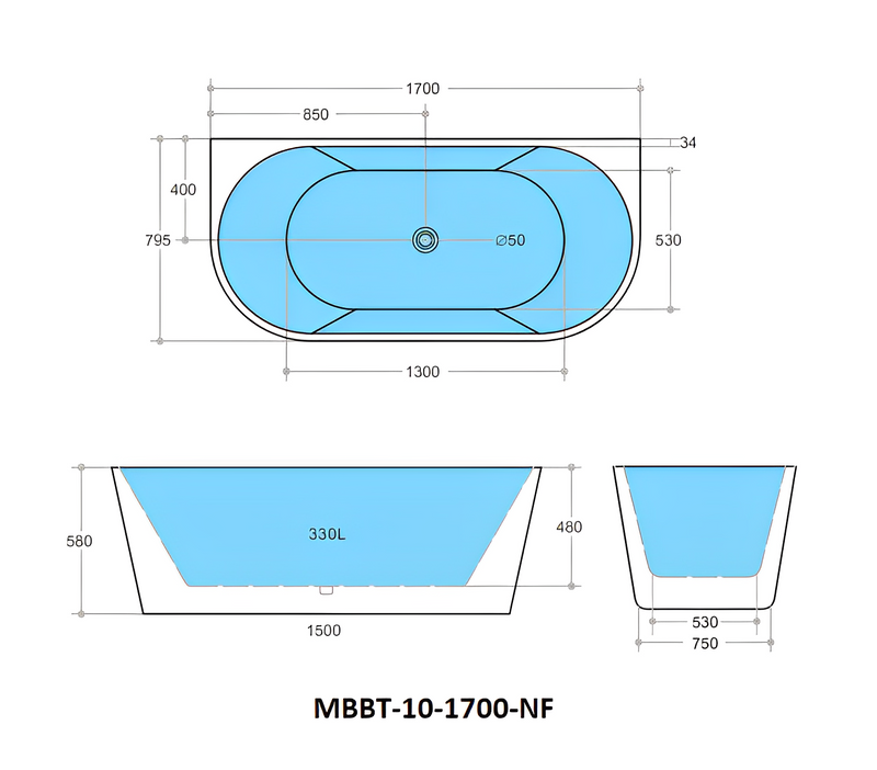 POSEIDON ELIVIA BACK TO WALL BATHTUB MATTE BLACK AND MATTE WHITE (AVAILABLE IN 1400MM, 1500MM AND 1700MM)