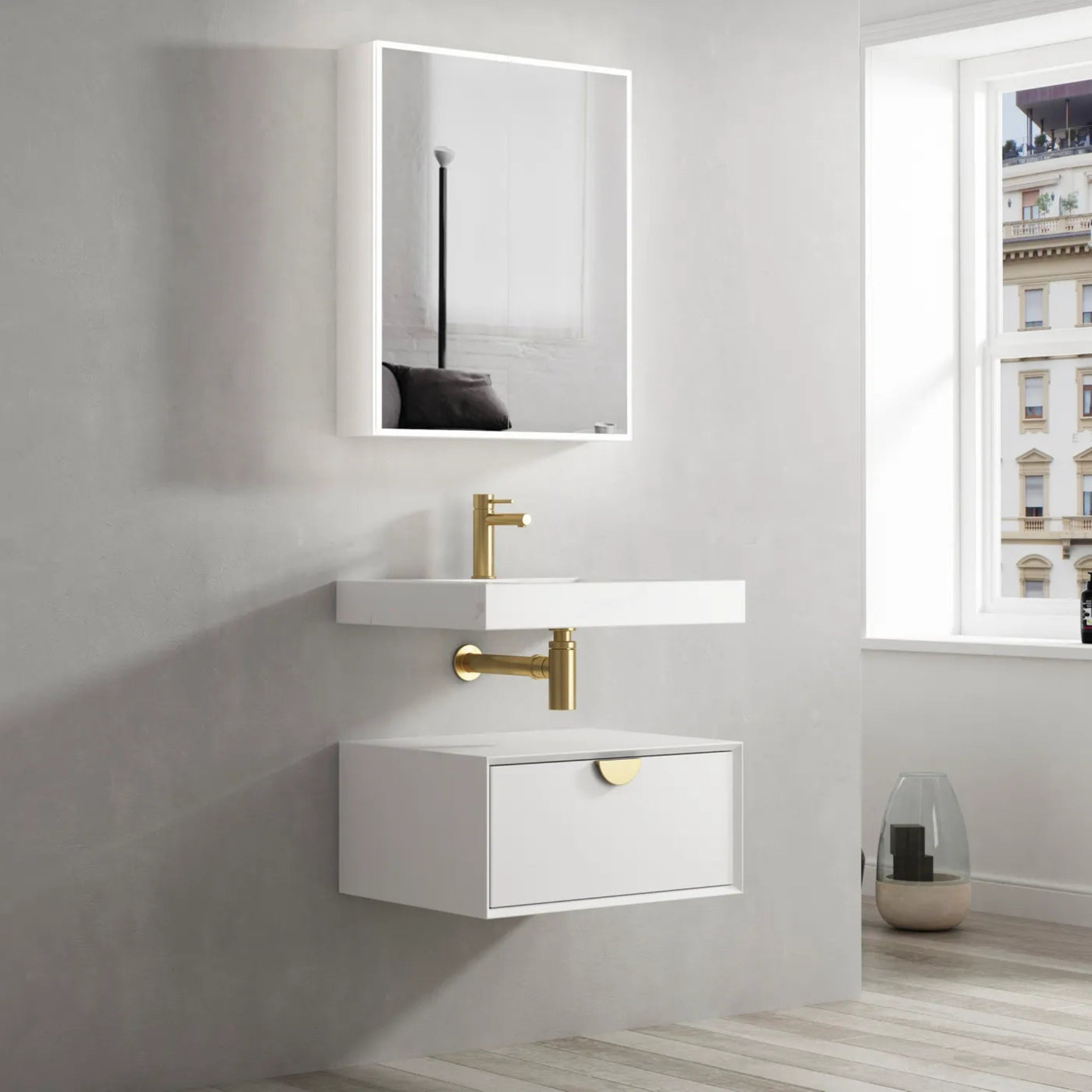 OTTI MOONLIGHT WHITE 600MM SINGLE BOWL WALL HUNG CABINET AND BASIN