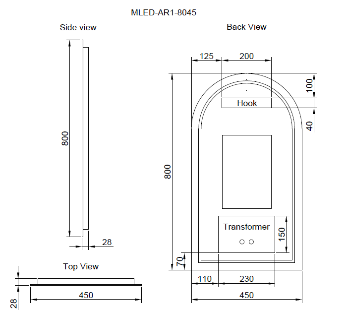 RIVA AR1 FRAMELESS BACKLIT ARCH LED MIRROR 3 COLOUR LIGHTS 450X800MM