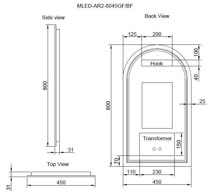 RIVA AR2 FRAMED ARCH LED MIRROR 3 COLOUR LIGHTS BLACK 450X800MM