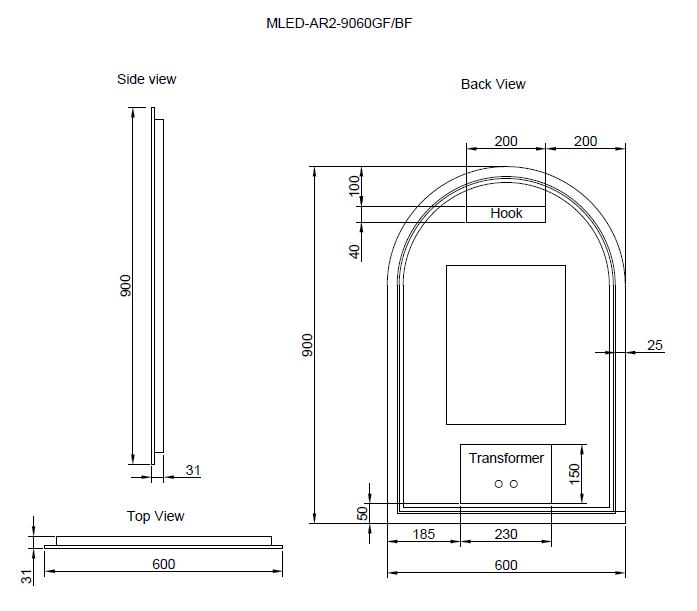 RIVA AR2 FRAMED ARCH LED MIRROR 3 COLOUR LIGHTS BLACK 600X900MM